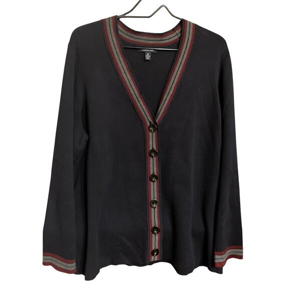 Lands End Cardigan Womens 1X Sweater Navy Blue Red Gray Tipped Fine Gauge Cotton - Picture 1 of 5